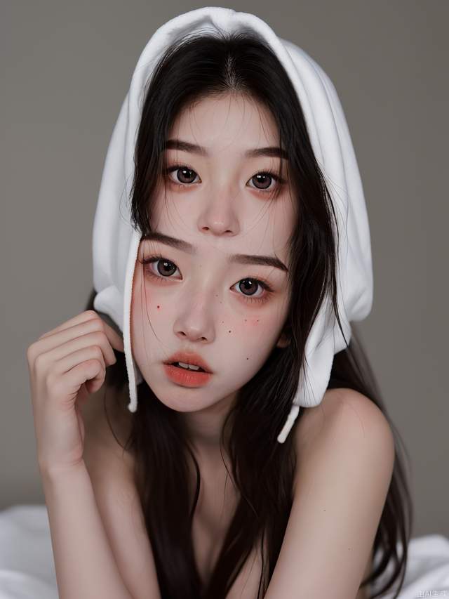 20 years old, long hair, white skin, big eyes, high nose bridge and no clothes