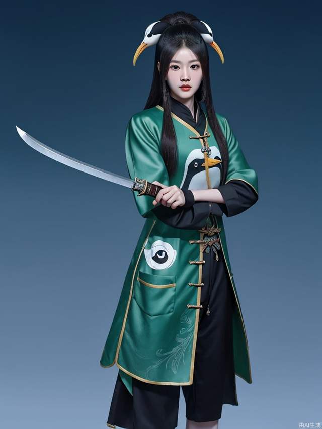 Tencent Penguin wearing the same clothes as Guan Yu and holding the Qinglong Yanyue knife