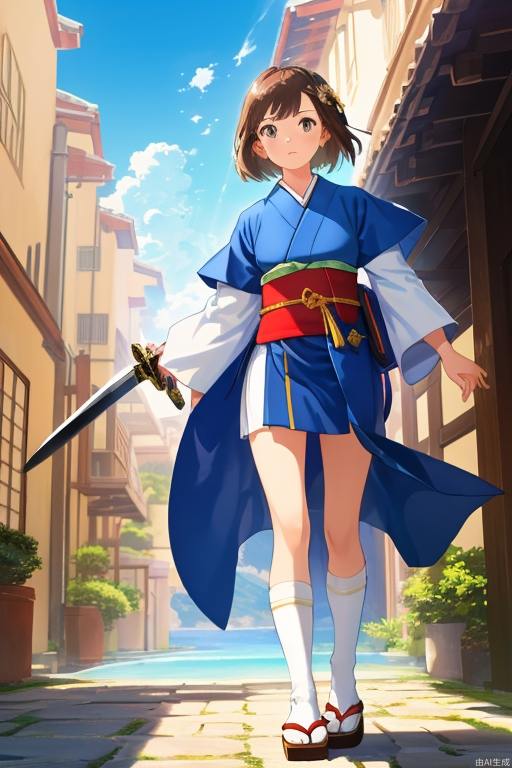 Japanese style, brave, clear outline, holy sword, hero, juvenile, short brown hair, human, traveler's attire, looking into the distance