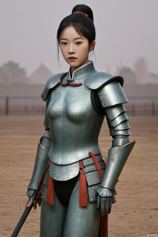 1 girl, holding a spear, ancient Chinese armor, terracotta warriors, battlefield background