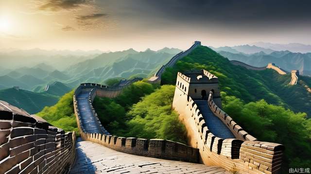 The front is the atmospheric Great Wall, the Great Wall forms a symmetry, the back is the ink mountain, natural scenery, daytime, large wide-angle lens