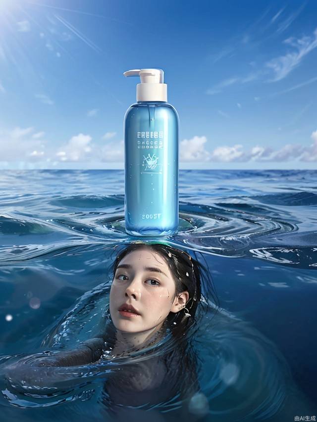 A shampoo bottle floats in the ocean
