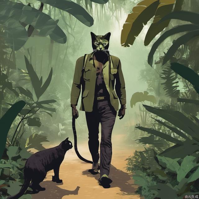 Cat man walking in the jungle