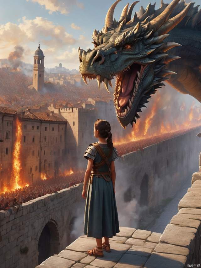 A young girl stands on the ancient Roman-style city wall, her determined gaze delivering an inspiring speech. The camera angle is looking up, capturing a crowd below gazing up at her. Behind the city wall, flames of war continue to spread, while a massive dragon soars in the sky, breathing scorching flames.