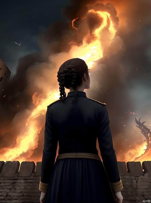 A young girl stands on the ancient Roman-style city wall, her determined gaze delivering an inspiring speech. The camera angle is looking up, capturing a crowd below gazing up at her. Behind the city wall, flames of war continue to spread, while a massive dragon soars in the sky, breathing scorching flames.