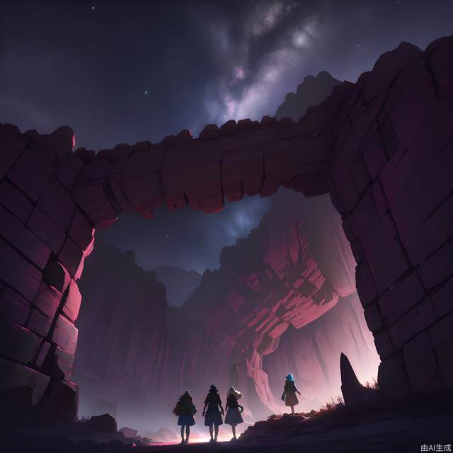 Arches National Park,under the rock,in the evening,nightsky,reality infused with dreams,upscaled,triadic color scheme,epic composition,CG digital rendering,Studio Ghibli,unreal engine,atmospheric,omit the people