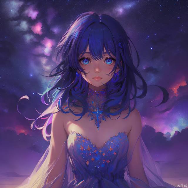 {{best quality}}, {{masterpiece}}, {{ultra-detailed}}, {illustration}, {detailed light}, {an extremely delicate and beautiful}, a girl, {beautiful detailed eyes}, stars in the eyes, messy floating hair, colored inner hair, Starry sky adorns hair, depth of field