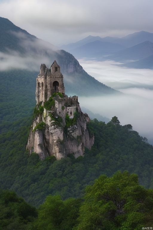 On the towering cloud peak, the cliffs are brilliant in an instant; in a blink of an eye, the mountains and forests under your feet dissipate and fog dissipates, and the mountains are green, hiding the ancient buildings with exquisite eaves.