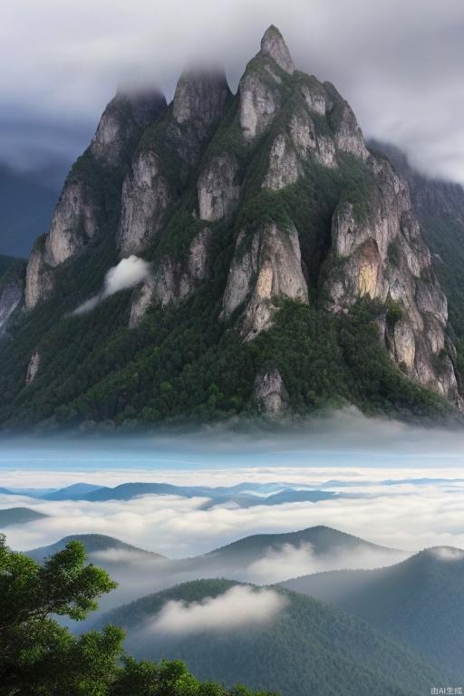 On the towering cloud peak, the cliffs are brilliant in an instant; in a blink of an eye, the mountains and forests under your feet dissipate and fog dissipates, and the mountains are green, hiding the ancient buildings with exquisite eaves.