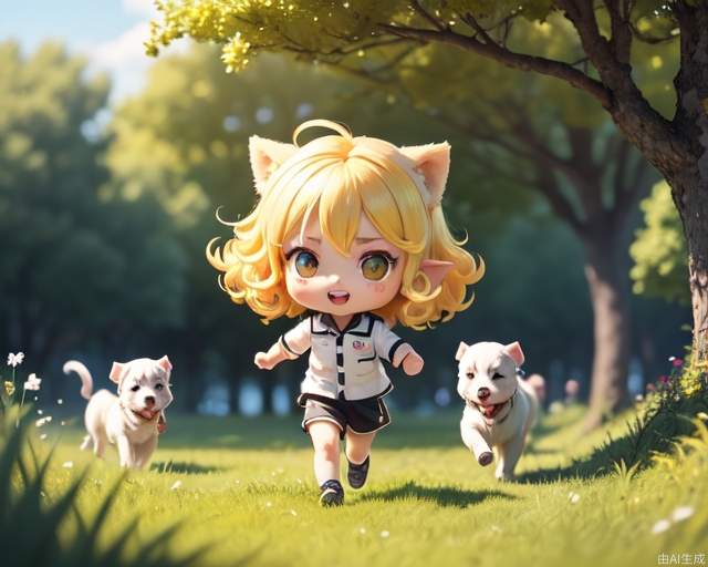 The best quality, depth of field, official art, extremely detailed CG uniform 8k wallpaper, boy, thin (suzuneya), curly hair, yellow hair, ears, water eyes, red lips, in grass, trees, healing summer, running with puppies, running, happy, blue sky, chibi,