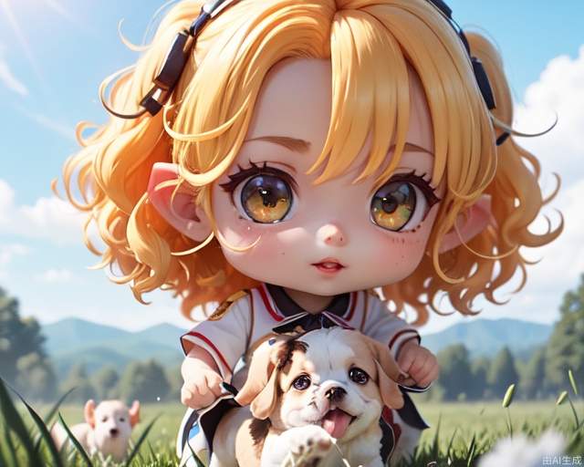 The best quality, depth of field, official art, extremely detailed CG uniform 8k wallpaper, boy, thin (suzuneya), curly hair, yellow hair, ears, water eyes, red lips, in grass, trees, healing summer, running with puppies, running, happy, blue sky, chibi,