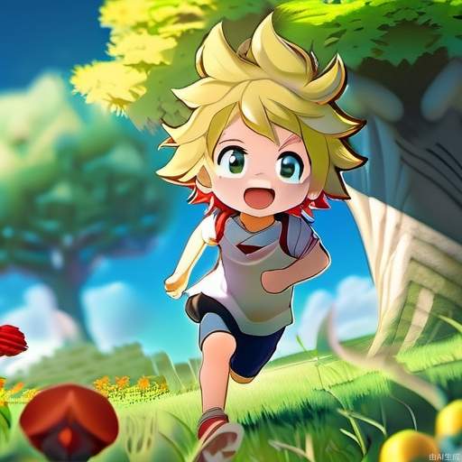 best quality, Depth of field, official art, extremely detailed CG unity 8k wallpaper, boy, thin (suzuneya), curly hair, yellow hair, ears, aqua eyes, red lips, in a meadow, tree, cure summer, little dog, running, happy, blue sky, full body, chibi,