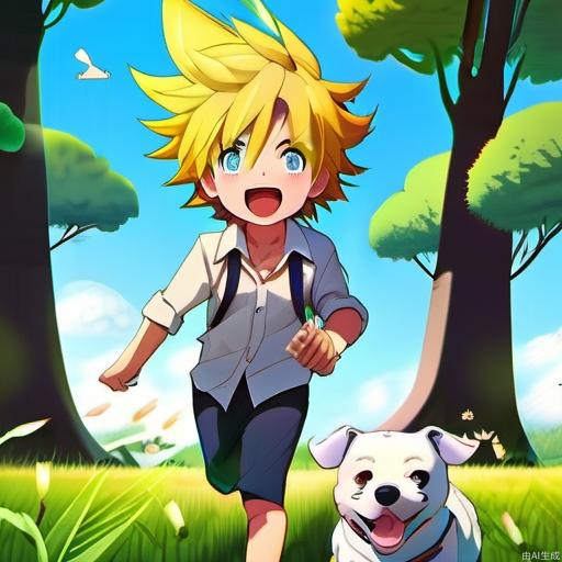 best quality, Depth of field, official art, extremely detailed CG unity 8k wallpaper, boy, thin (suzuneya), curly hair, yellow hair, ears, aqua eyes, red lips, in a meadow, tree, cure summer, with a dog, running, happy, blue sky, full body, chibi,