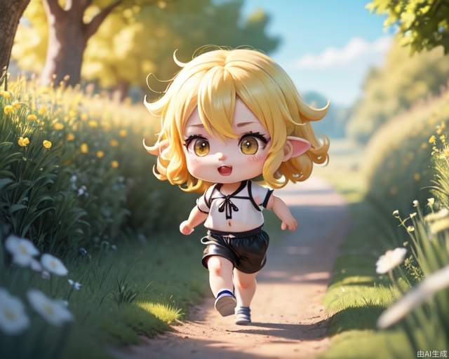 best quality, Depth of field, official art, extremely detailed CG unity 8k wallpaper, boy, thin (suzuneya), curly hair, yellow hair, ears, aqua eyes, red lips, in a meadow, tree, cure summer, with a dog, running, happy, blue sky, full body, chibi,