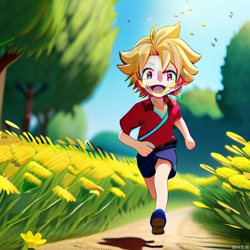 best quality, Depth of field, official art, extremely detailed CG unity 8k wallpaper, boy, thin (suzuneya), curly hair, yellow hair, ears, aqua eyes, red lips, in a meadow, tree, cure summer, little dog, running, happy, blue sky, full body,