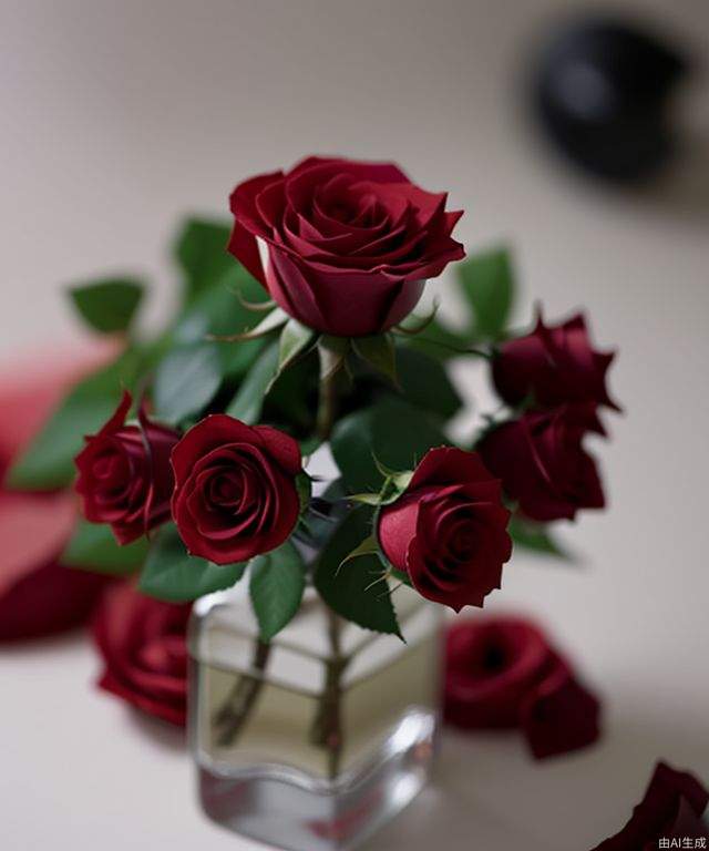 perfume, red rose,  blurry background