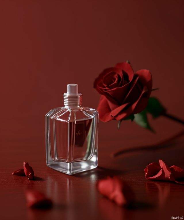 perfume, red rose,  blurry background