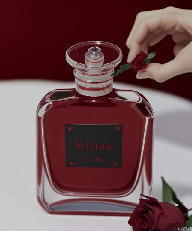 perfume, red rose,  blurry background