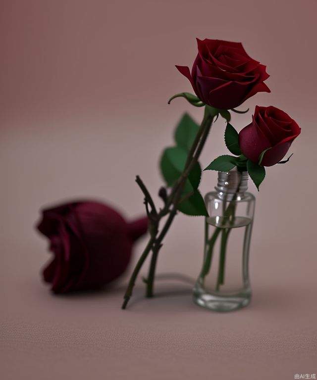 perfume, red rose,  blurry background