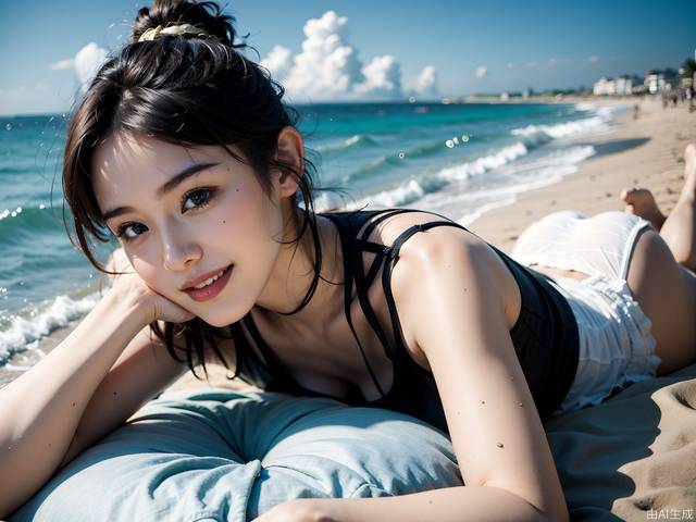 none,The relaxed and happy appearance of a Chinese girl beside the beach, smile for the camera, exciting, 