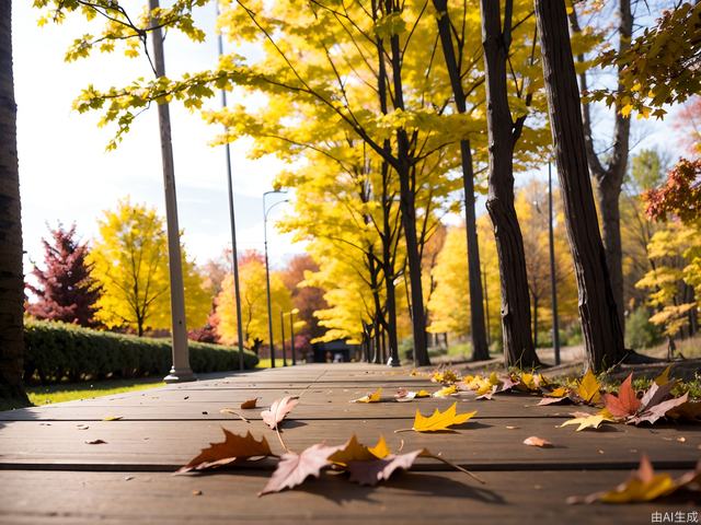 Near is a part of the wooden table, and in the distance is a blurry autumn view，background is wild nature