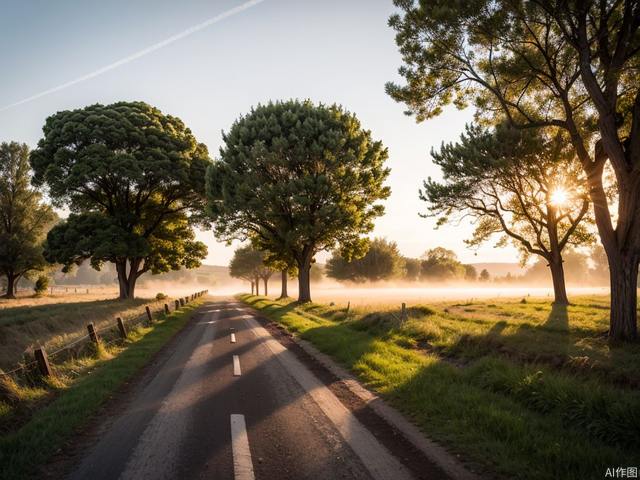 summer, fairyland, mist, dirt roads in the fields under the setting sun,dead trees on the roadside