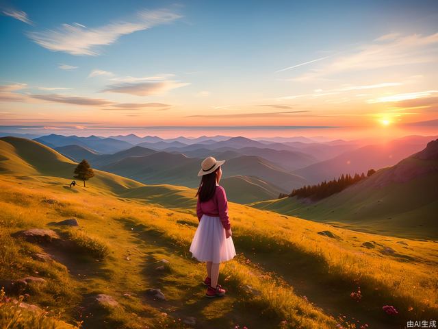 At sunrise, a girl enjoy nature on the mountaintop,grassland,in summer,Face away from the camera,True photography,
