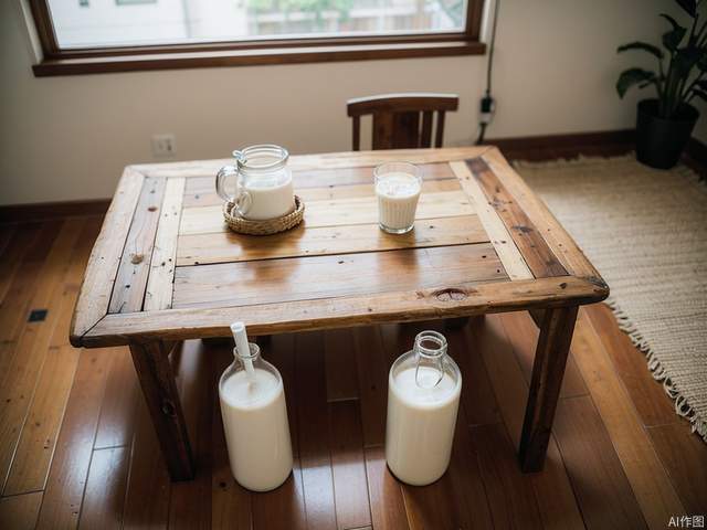 There is a glass of milk and a bottle of milk on the wooden table. horizontal view