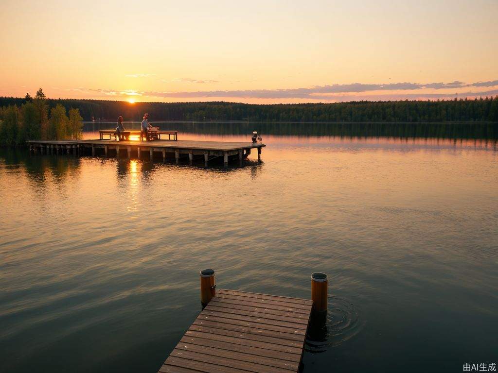 真实照片，日落在芬兰湖边的渔场上，低角度