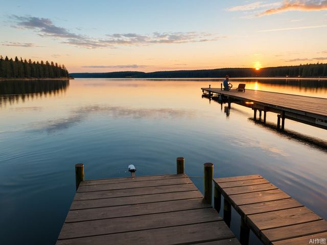 Real photo, The sunset is on the fishing dock by the Finnish lake, low angle