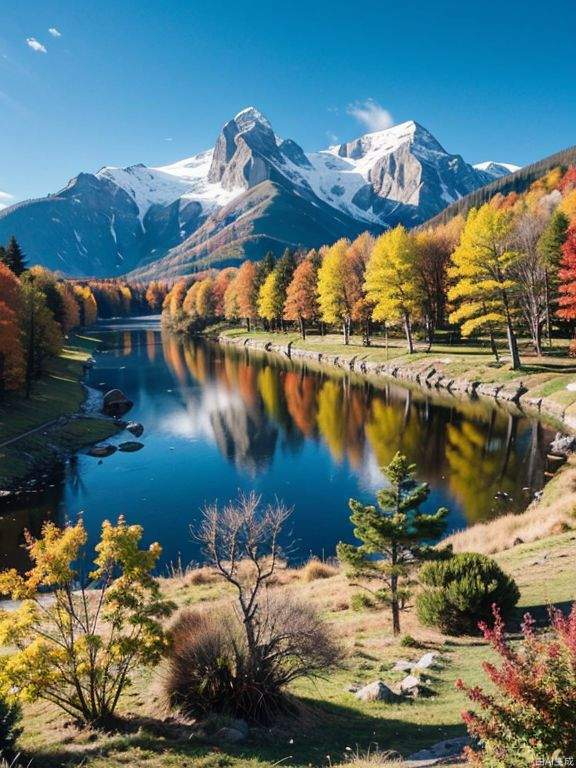 真实的照片，秋天，清澈的山脉，树木