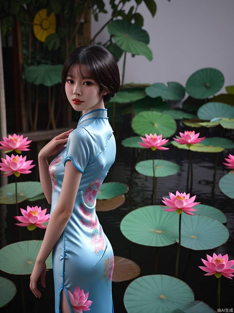 一个穿着旗袍的中国女孩站在莲花前