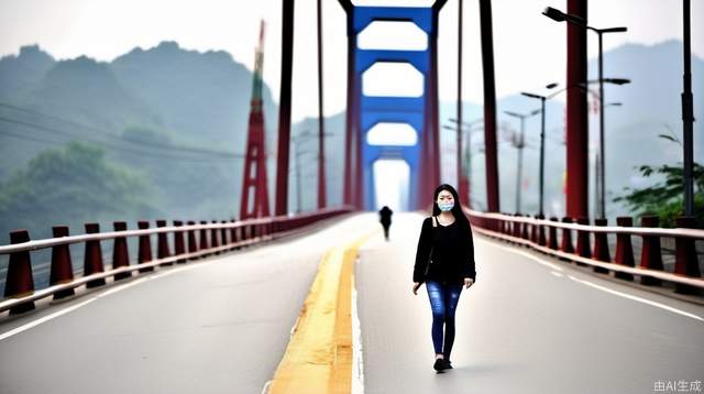 A young woman walks in the middle of the road at Shangzhongba Bridge in Shunqing District, Nanchong City, Sichuan Province