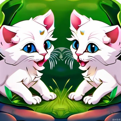 Three white kittens are playing on the grass