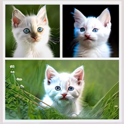 Three white kittens are playing on the grass