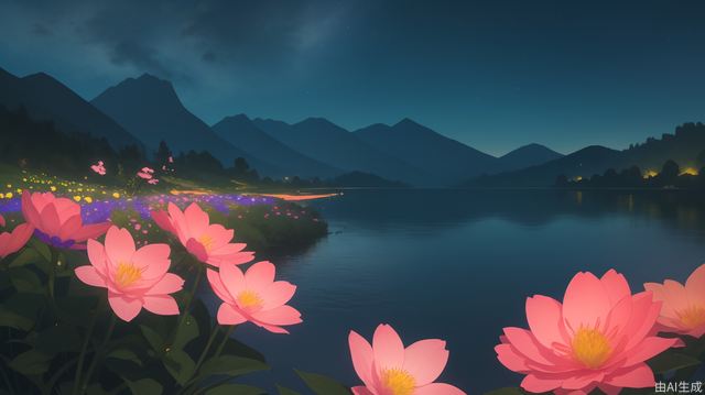 Lake view, close-up of flowers, official wallpaper, stunning night view, (luminous flowers), silhouette of distant mountains, tranquil atmosphere, beautiful sea of flowers, close-up overlooking, enhanced tranquility, beautiful wallpaper worthy scene, slightly emphasized (brightness and wonder), best quality, masterpiece, high definition