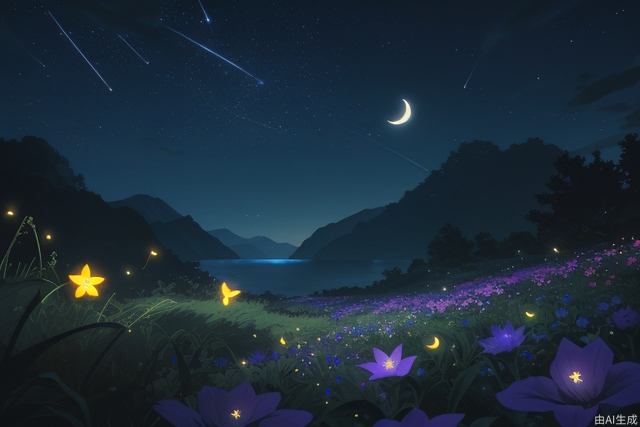 Official wallpaper, stunning night scene, (fireflies) lighting, (glowing flowers), silhouettes of distant mountains, tranquil atmosphere, beautiful sea of flowers, shooting star streaks, (crescent moon), enhanced tranquility, beautiful wallpaper worthy scenes, slightly emphasized (brightness and wonder), best quality, masterpiece, high definition
