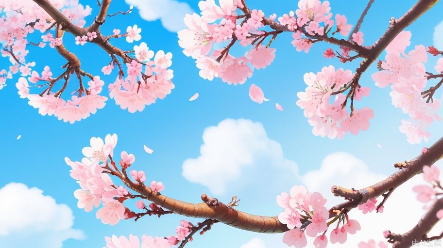 美丽的樱花卡通风景，樱花特写，蓝天白云