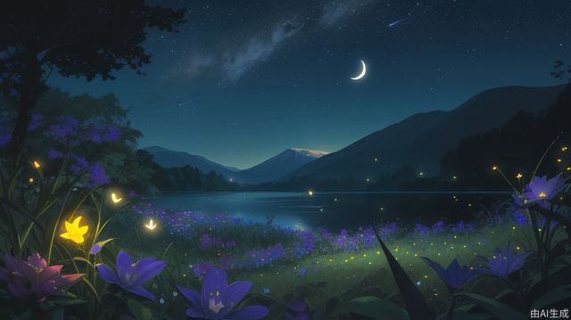 Lake beauty, close-up of flowers, official wallpaper, stunning night view, (fireflies) lighting, (glowing flowers), silhouettes of distant mountains, tranquil atmosphere, beautiful sea of flowers, shooting star streaks, (crescent moon), enhanced tranquility, beautiful wallpaper worthy scene, slightly emphasized (brightness and wonder), best quality, masterpiece, high definition