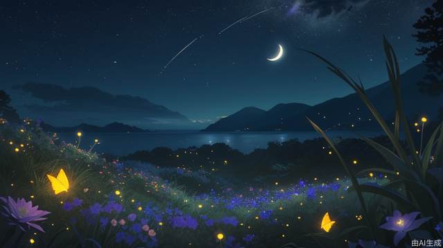Close-up of flowers, official wallpaper, stunning night scene, (fireflies) lighting, (glowing flowers), silhouettes of distant mountains, tranquil atmosphere, beautiful sea of flowers, shooting star streaks, (crescent moon), enhanced tranquility, beautiful wallpaper worthy scene, slightly emphasized (brightness and wonder), best quality, masterpiece, high definition
