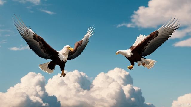 Eagles soar in the blue sky, blue sky and white clouds, beautiful sky, masterpiece, distinct, high quality, finely detailed, Horizontal, cinematic, nature, photorealistic, highly detailed, sharp, 8k, dynamic light, photography, magic realism, filmed on Sony A7iii