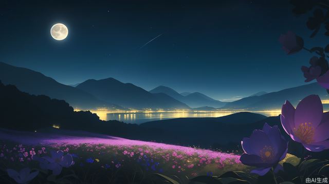 Lake view, close-up of flowers, official wallpaper, stunning night view, (luminous flowers), silhouette of distant mountains, tranquil atmosphere, beautiful sea of flowers, oversized moon, beautiful starry sky, close-up overlooking, enhanced tranquility, beautiful wallpaper worthy scene, slightly emphasized (brightness and wonder), best quality, masterpiece, high definition