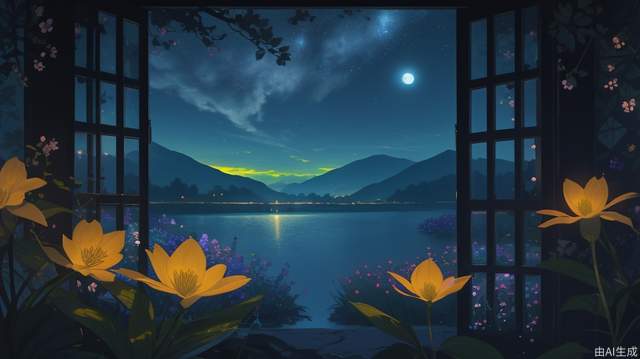Lake beauty, close-up of flowers, official wallpaper, stunning night view, (luminous flowers), silhouette of distant mountains, tranquil atmosphere, beautiful sea of flowers, close-up overlooking, enhanced tranquility, beautiful wallpaper worthy scene, slightly emphasized (brightness and wonder), best quality, masterpiece, high definition