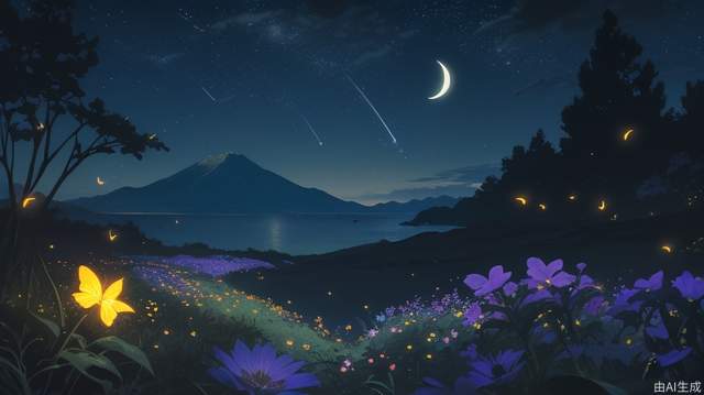 Close-up of flowers, official wallpaper, stunning night scene, (fireflies) lighting, (glowing flowers), silhouettes of distant mountains, tranquil atmosphere, beautiful sea of flowers, shooting star streaks, (crescent moon), enhanced tranquility, beautiful wallpaper worthy scene, slightly emphasized (brightness and wonder), best quality, masterpiece, high definition