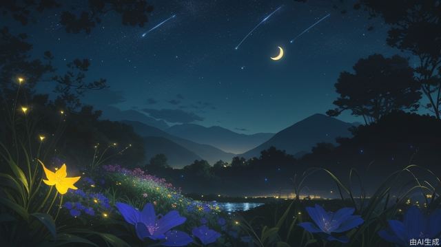 Lake beauty, close-up of flowers, official wallpaper, stunning night view, (fireflies) lighting, (glowing flowers), silhouettes of distant mountains, tranquil atmosphere, beautiful sea of flowers, shooting star streaks, (crescent moon), enhanced tranquility, beautiful wallpaper worthy scene, slightly emphasized (brightness and wonder), best quality, masterpiece, high definition