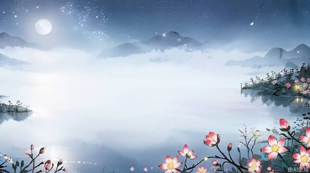 Lake view, close-up of flowers, official wallpaper, stunning night view, (luminous flowers), silhouette of distant mountains, tranquil atmosphere, beautiful sea of flowers, oversized moon, beautiful starry sky, close-up overlooking, enhanced tranquility, beautiful wallpaper worthy scene, slightly emphasized (brightness and wonder), best quality, masterpiece, high definition