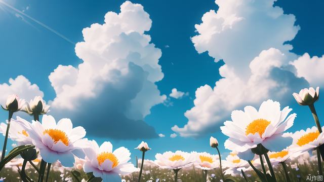 Beautiful flowers, blue sky and white clouds, slightly emphasized (brightness and wonder), best quality, masterpiece, high definition