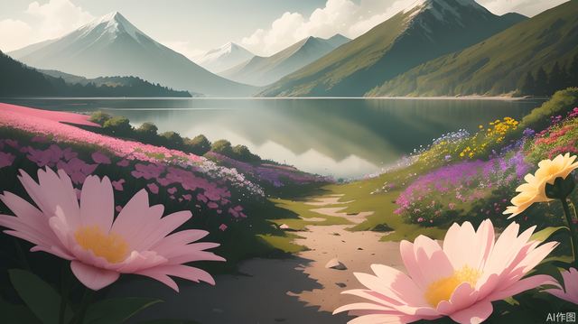 Lake view, close-up of flowers, official wallpaper, silhouettes of distant mountains, tranquil atmosphere, beautiful sea of flowers, close-up overlooking, enhanced tranquility, beautiful wallpaper worthy scene, slightly emphasized (brightness and wonder), best quality, masterpiece, high definition