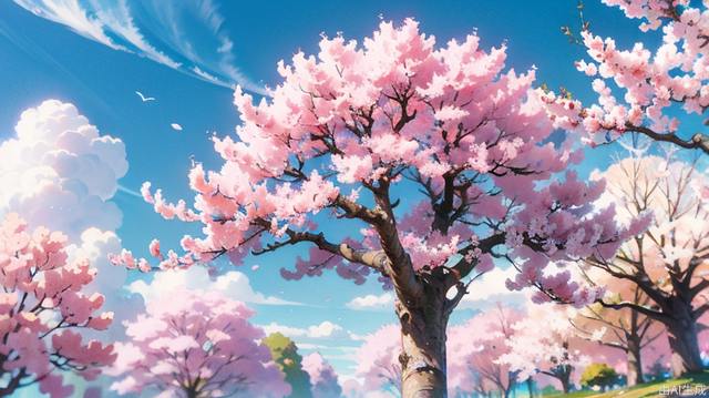 Beautiful cherry blossoms, blue sky and white clouds, masterpiece, best quality, detailed, animation style,