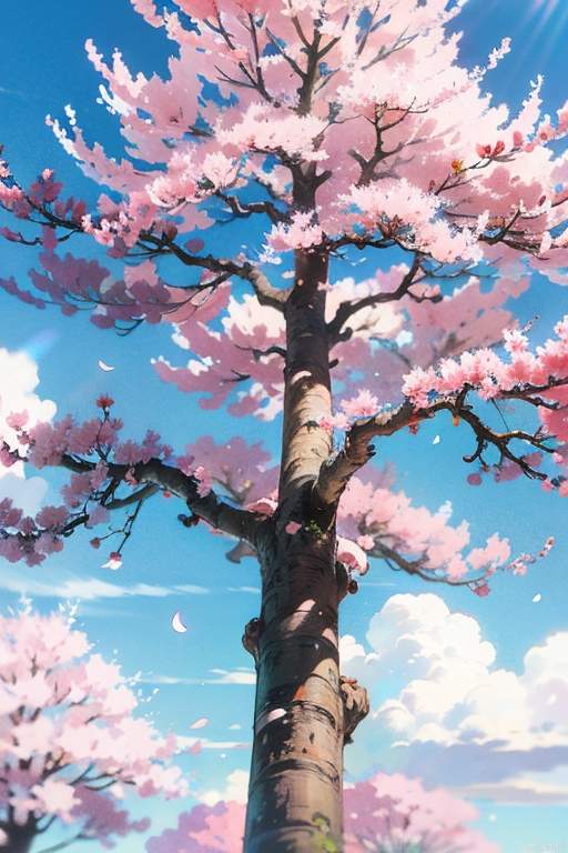 Beautiful cherry blossoms, blue sky and white clouds, masterpiece, best quality, detailed, animation style,